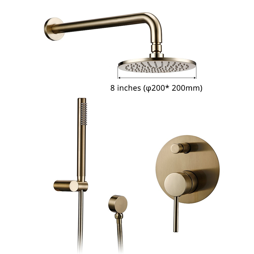 Shower System Wall Mount Bathroom Set Bath Faucet Brass Diverter Mixer Tap Brushed Gold With RainFall Head And Hand Held 8-12"