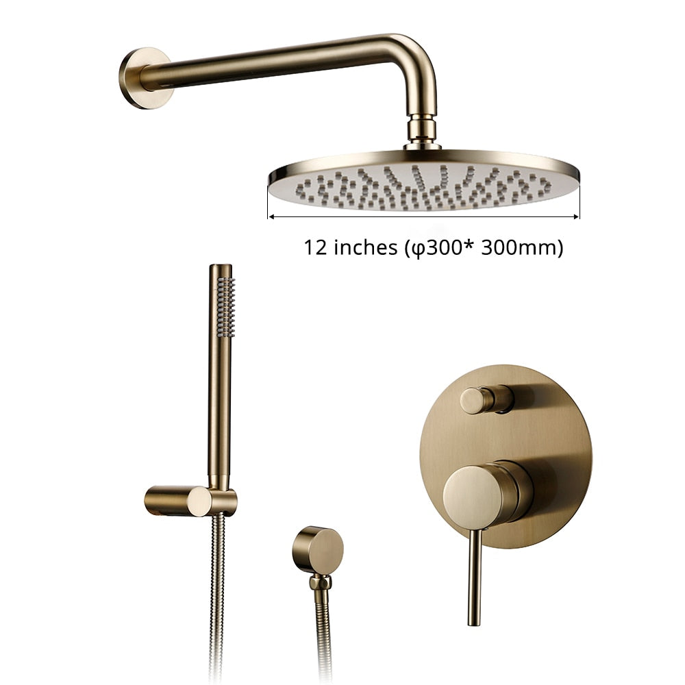 Shower System Wall Mount Bathroom Set Bath Faucet Brass Diverter Mixer Tap Brushed Gold With RainFall Head And Hand Held 8-12"