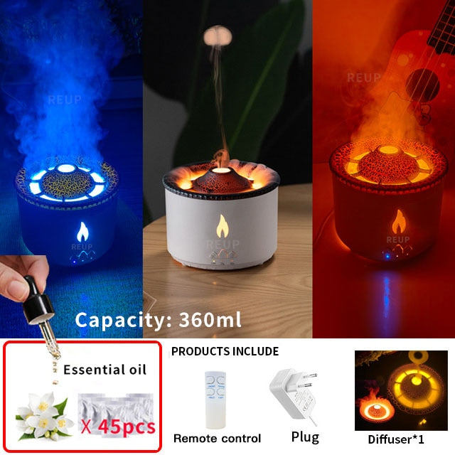 REUP Volcanic Flame Aroma Diffuser Essential Oil 360ml Portable Air Humidifier with Cute Smoke Ring Night Light Lamp Fragrance