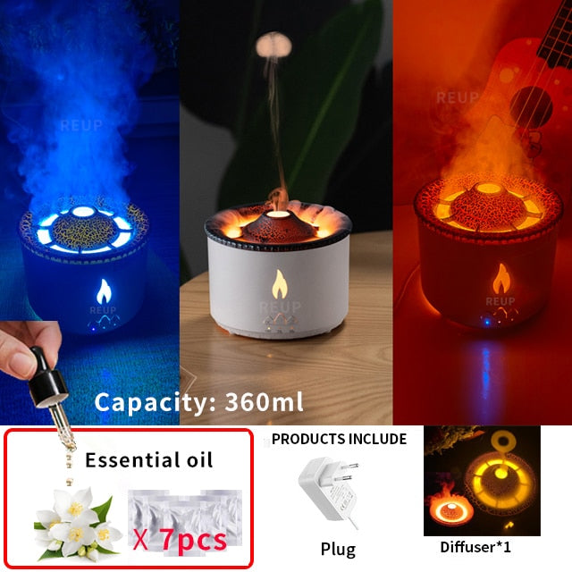 REUP Volcanic Flame Aroma Diffuser Essential Oil 360ml Portable Air Humidifier with Cute Smoke Ring Night Light Lamp Fragrance