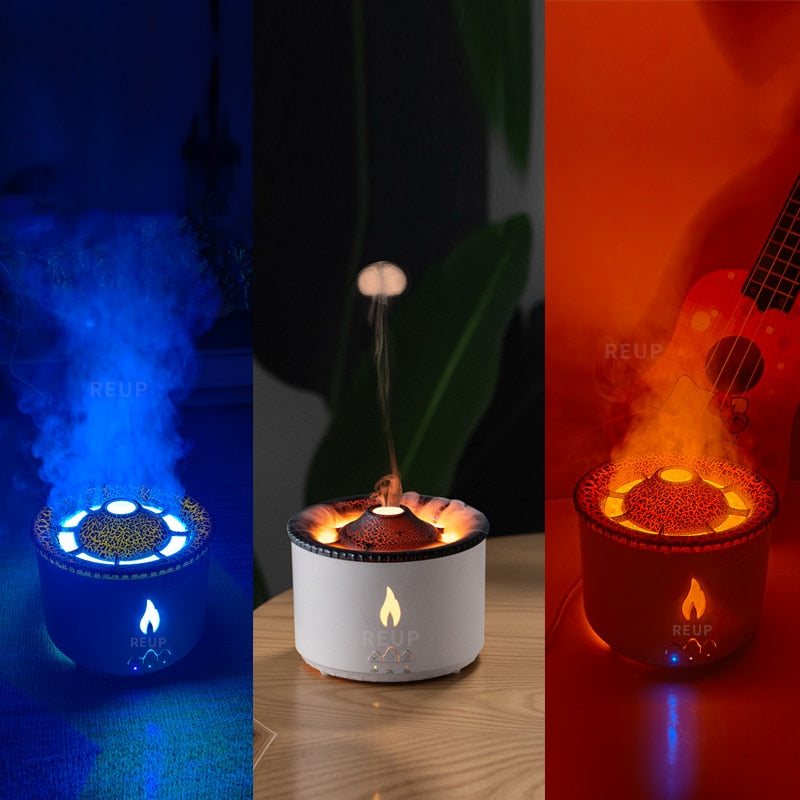 REUP Volcanic Flame Aroma Diffuser Essential Oil 360ml Portable Air Humidifier with Cute Smoke Ring Night Light Lamp Fragrance