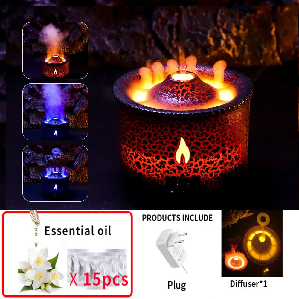 REUP Volcanic Flame Aroma Diffuser Essential Oil 360ml Portable Air Humidifier with Cute Smoke Ring Night Light Lamp Fragrance