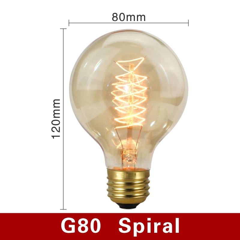 Retro Edison Bulb E27 220V 40W Light Bulb A60 ST58 ST64 T10 T45 T185 G80 G95 Filament Vintage Ampoule Incandescent Spiral Lamp