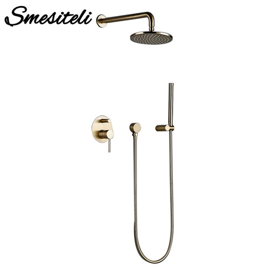 Shower System Wall Mount Bathroom Set Bath Faucet Brass Diverter Mixer Tap Brushed Gold With RainFall Head And Hand Held 8-12"