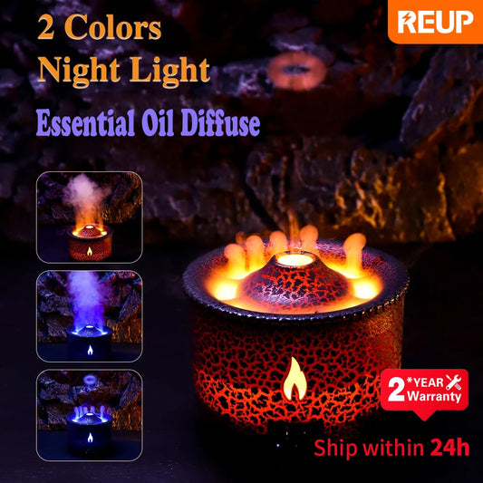 REUP Volcanic Flame Aroma Diffuser Essential Oil 360ml Portable Air Humidifier with Cute Smoke Ring Night Light Lamp Fragrance